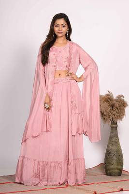 Light pink crop top with long jacket with hand embroidery 3