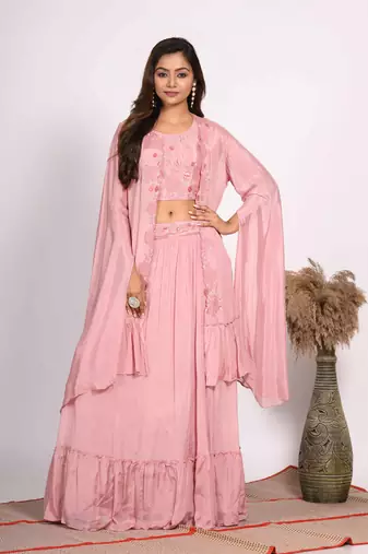 Light pink crop top with long jacket with hand embroidery