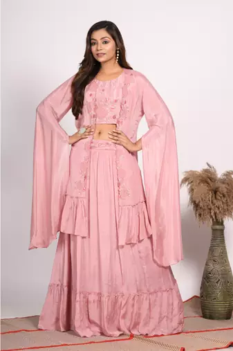Light pink crop top with long jacket with hand embroidery