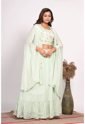 Green crop top with long jacket with hand embroidery 1