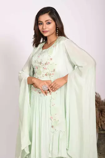 Green crop top with long jacket with hand embroidery
