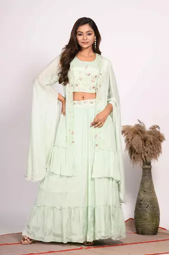 Green crop top with long jacket with hand embroidery
