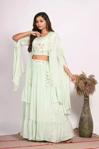 Green crop top with long jacket with hand embroidery