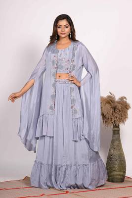Grey crop top with long jacket with hand embroidery 1