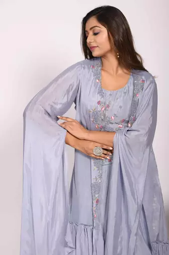Grey crop top with long jacket with hand embroidery