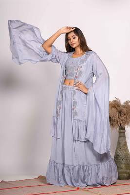 Grey crop top with long jacket with hand embroidery 3
