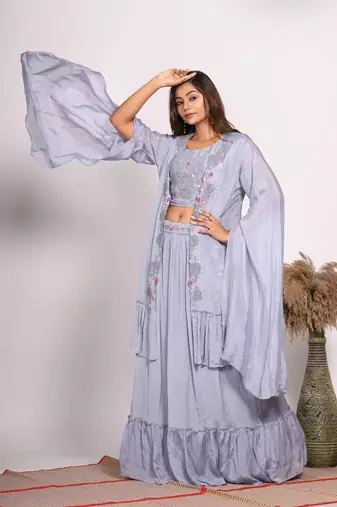 Grey crop top with long jacket with hand embroidery