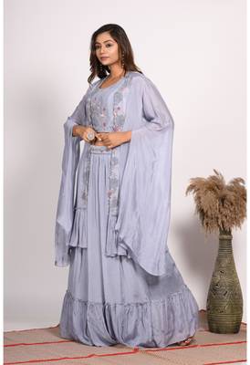 Grey crop top with long jacket with hand embroidery 4