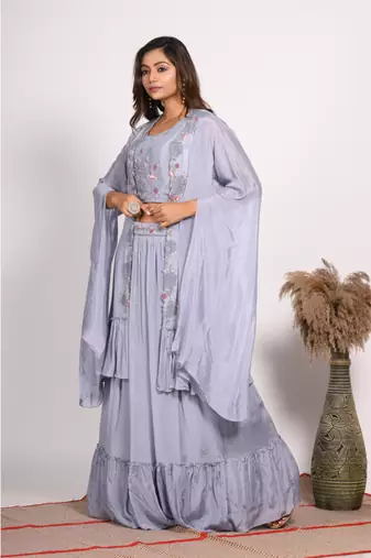 Grey crop top with long jacket with hand embroidery
