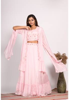 Pink crop top with long jacket with hand embroidery 1