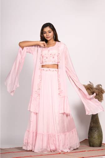 Pink crop top with long jacket with hand embroidery