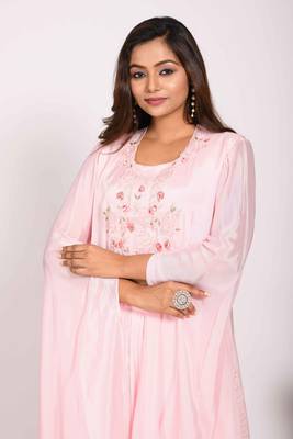Pink crop top with long jacket with hand embroidery 2