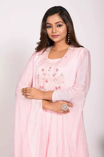 Pink crop top with long jacket with hand embroidery