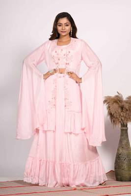 Pink crop top with long jacket with hand embroidery 3