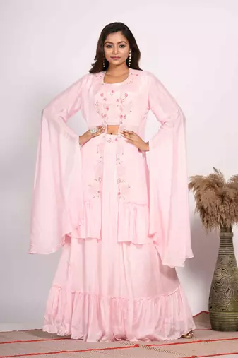 Pink crop top with long jacket with hand embroidery