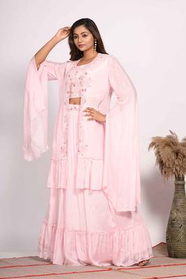 Pink crop top with long jacket with hand embroidery 4