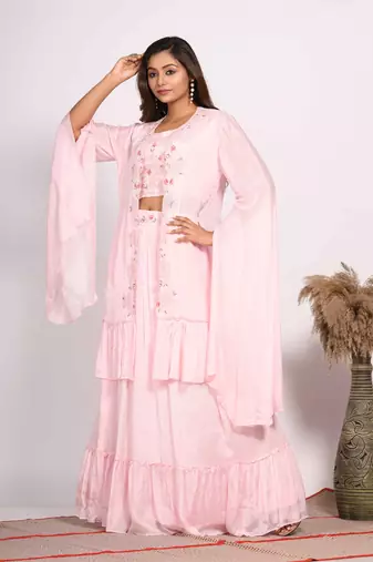 Pink crop top with long jacket with hand embroidery