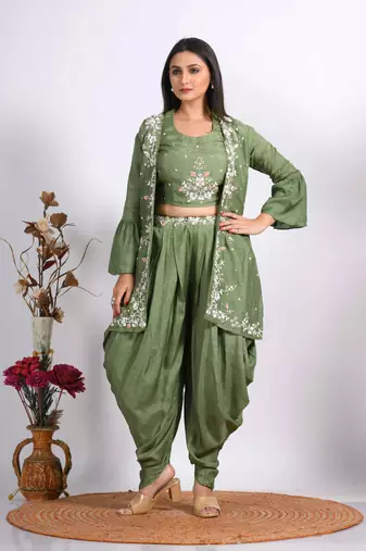 Green Crop Top With Jacket With Punjabi Salwar Suit