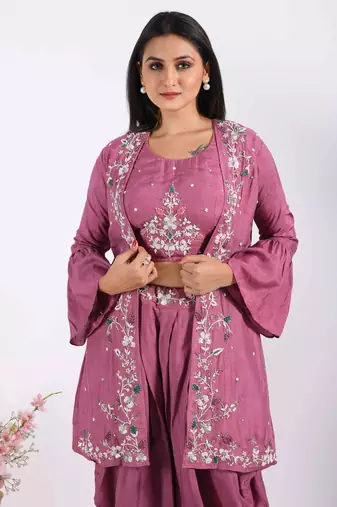 Purple Crop Top With Jacket With Hand Embroidery Punjabi Salwar Suit