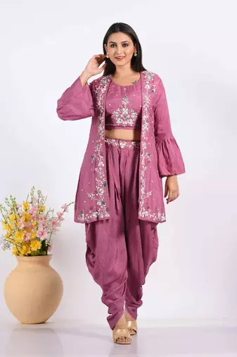 Purple Crop Top With Jacket With Hand Embroidery Punjabi Salwar Suit