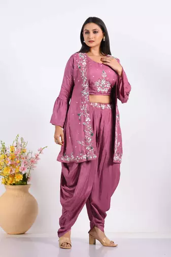 Purple Crop Top With Jacket With Hand Embroidery Punjabi Salwar Suit