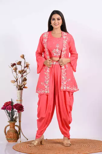 Pink Crop Top With Jacket With Punjabi Salwar Suit