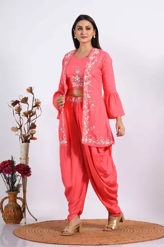 Pink Crop Top With Jacket With Punjabi Salwar Suit