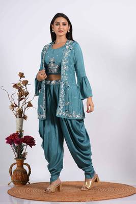Blue Crop Top With Jacket With Hand Punjabi Salwar Suit 1