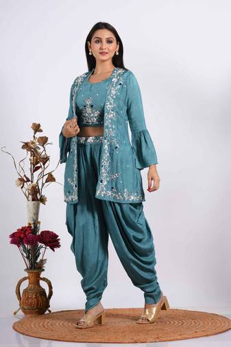 Blue Crop Top With Jacket With Hand Punjabi Salwar Suit