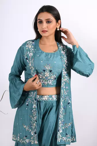 Blue Crop Top With Jacket With Hand Punjabi Salwar Suit