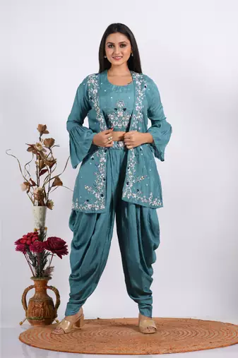 Blue Crop Top With Jacket With Hand Punjabi Salwar Suit