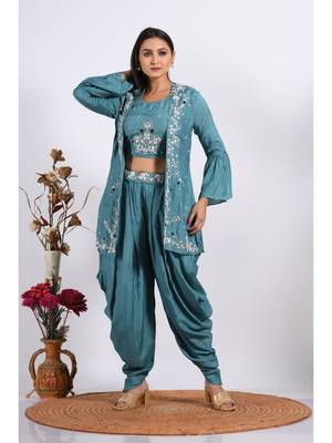 Blue Crop Top With Jacket With Hand Punjabi Salwar Suit 4