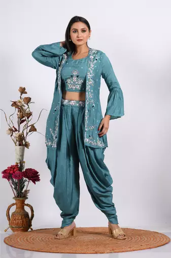 Blue Crop Top With Jacket With Hand Punjabi Salwar Suit