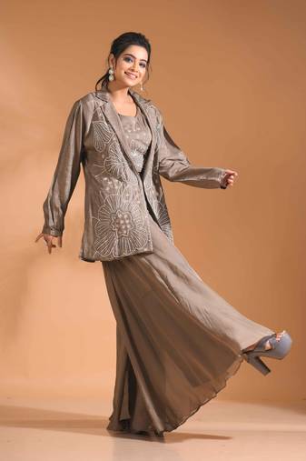 Beige coset with plazo with long jacket with hand embroidery