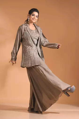 Beige coset with plazo with long jacket with hand embroidery
