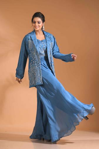  Blue  coset with plazo with long jacket with hand embroidery