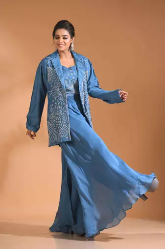  Blue  coset with plazo with long jacket with hand embroidery
