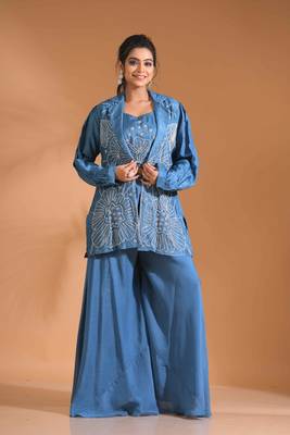  Blue  coset with plazo with long jacket with hand embroidery 2