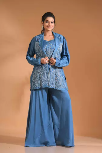 Blue  coset with plazo with long jacket with hand embroidery