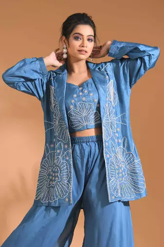  Blue  coset with plazo with long jacket with hand embroidery