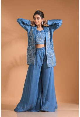  Blue  coset with plazo with long jacket with hand embroidery 4