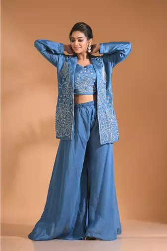  Blue  coset with plazo with long jacket with hand embroidery