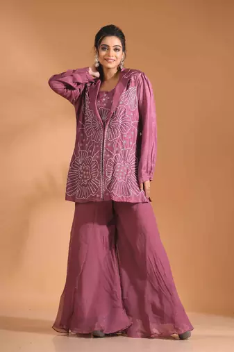 Purple  coset with plazo with long jacket with HAND EMBROIDERY