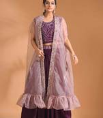 Purple  crop top with long jacket with hand embroidery