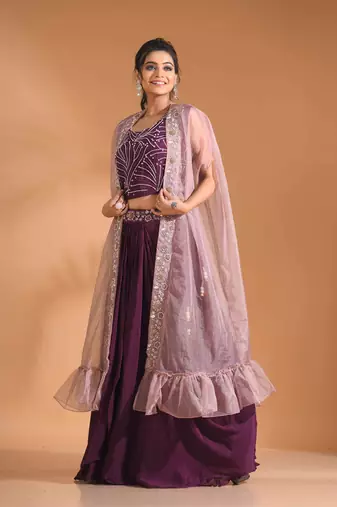 Purple  crop top with long jacket with hand embroidery