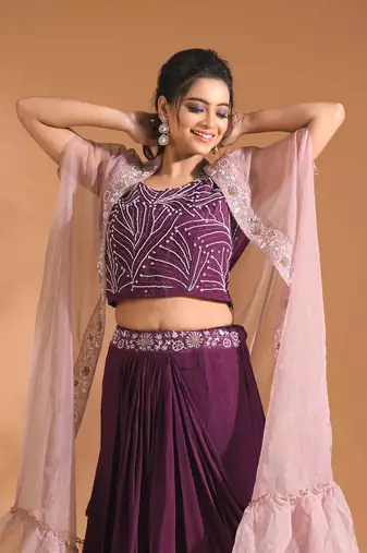 Purple  crop top with long jacket with hand embroidery