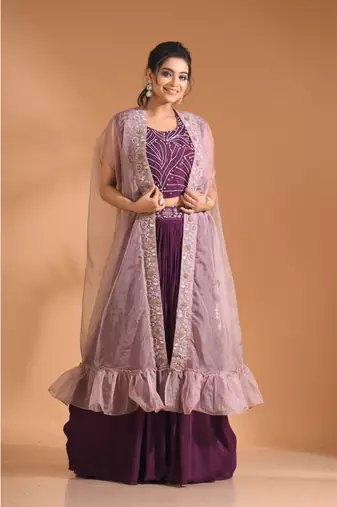Purple  crop top with long jacket with hand embroidery