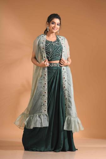 Dark Green  crop top with long jacket with hand embroidery