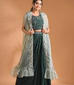 Dark Green  crop top with long jacket with hand embroidery