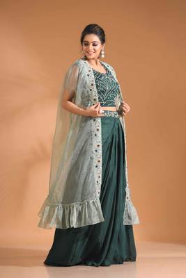 Dark Green  crop top with long jacket with hand embroidery 2